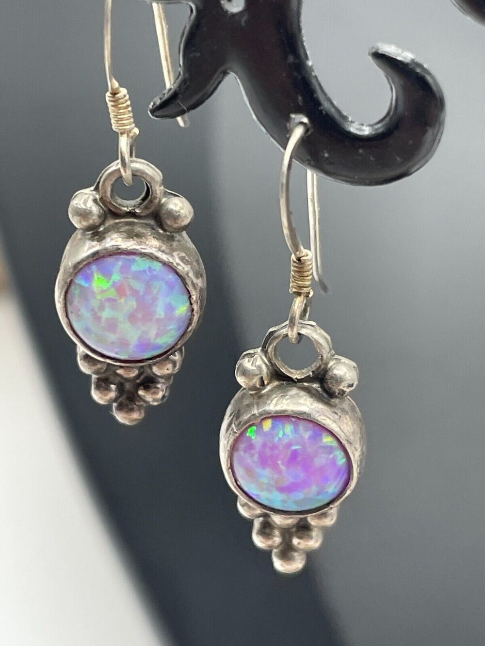 Vintage Sterling Silver Round Pink Opal Drop Dangle Earrings 925 Stamped Hook